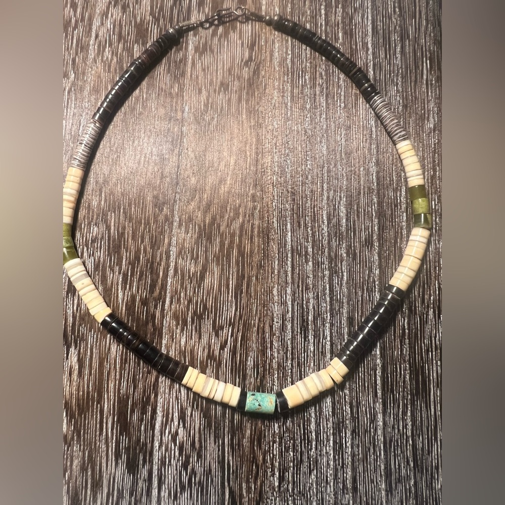 Native American Santo Domingo Turquoise Pipestone Shell Heishi Sterling Necklace